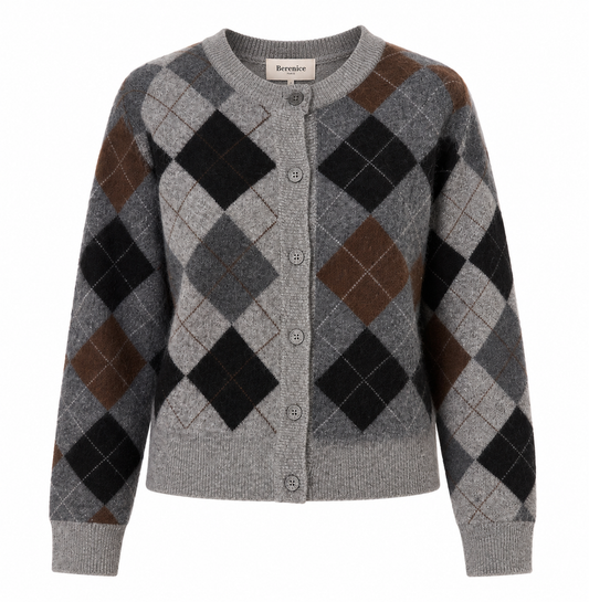 Gilet MERIDA Berenice gris à losanges de face sur fond blanc