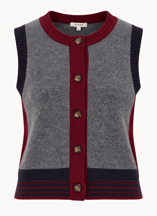 Gilet GIAMO Diega femme en laine mérinos gris bordeaux et marine vue de face