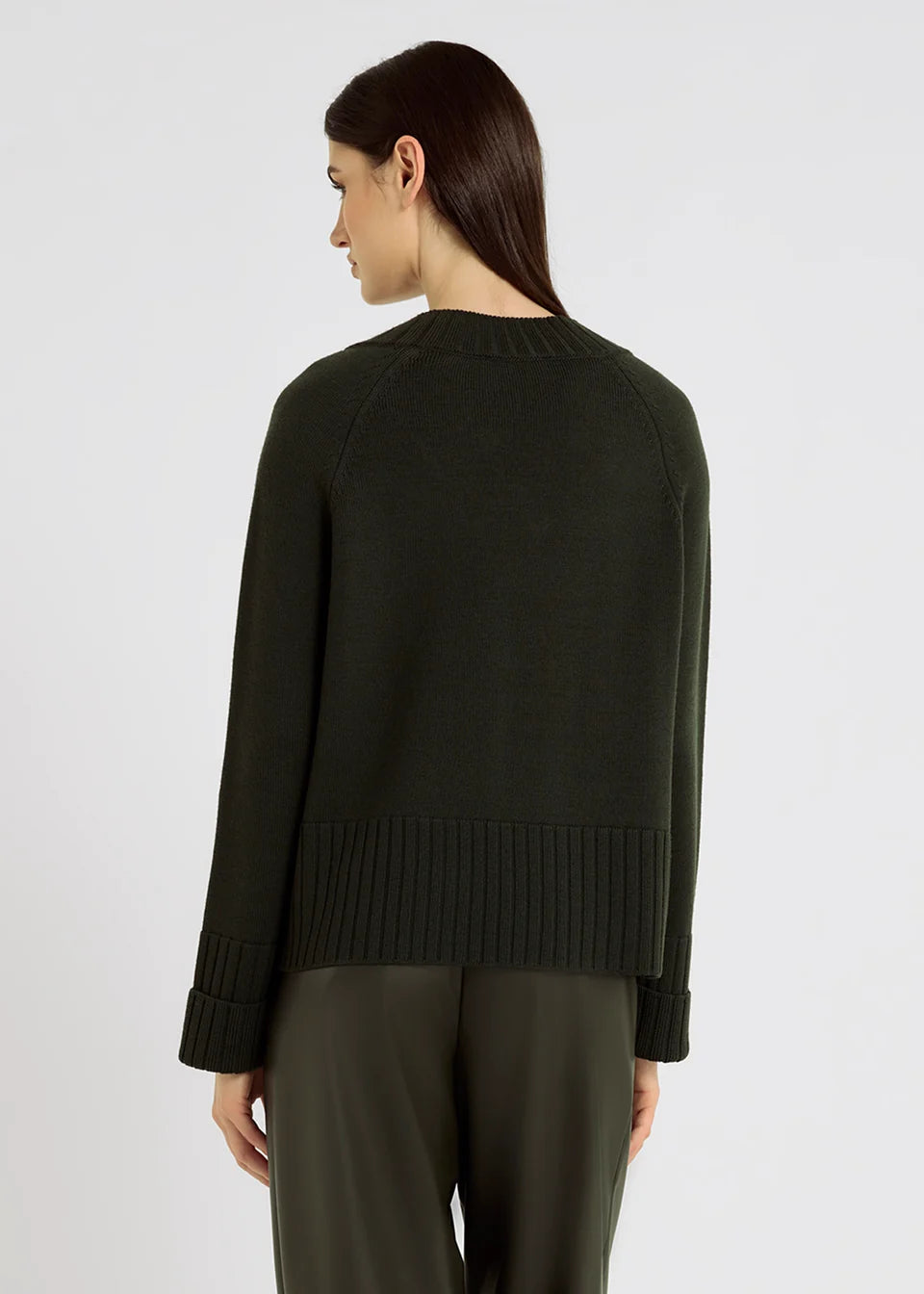Pull femme GRAHAM HANA SAN vert profond en laine mérinos vue de dos