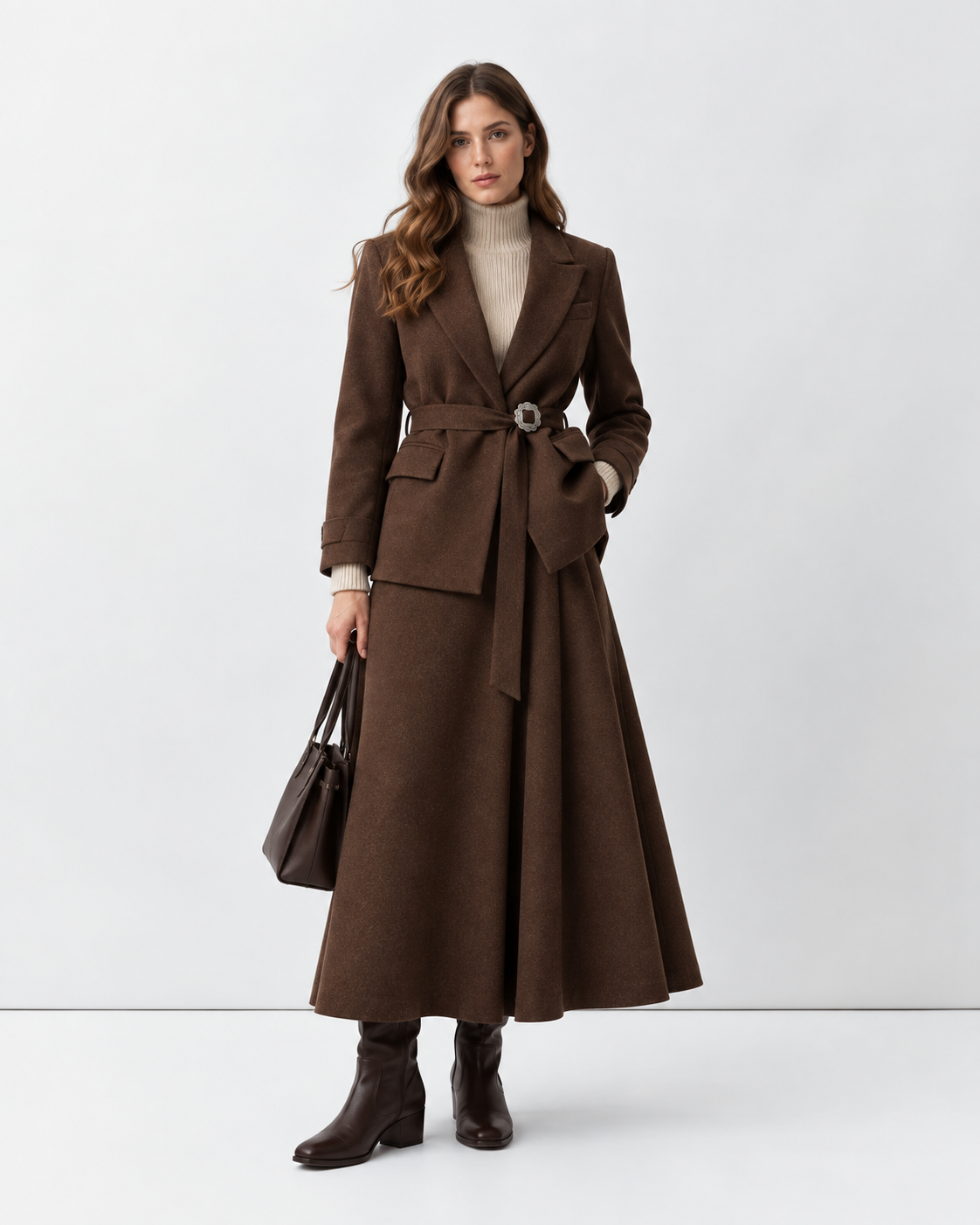 Jupe JONICO et veste VIGIO Diega marron chocolat portées en ensemble