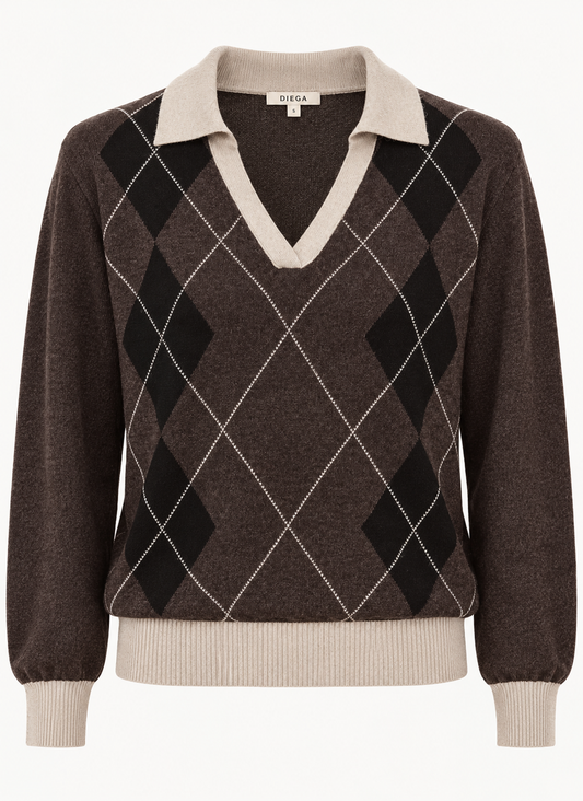 Pull PASREO Diega femme brun à losanges et col polo écru – vue de face