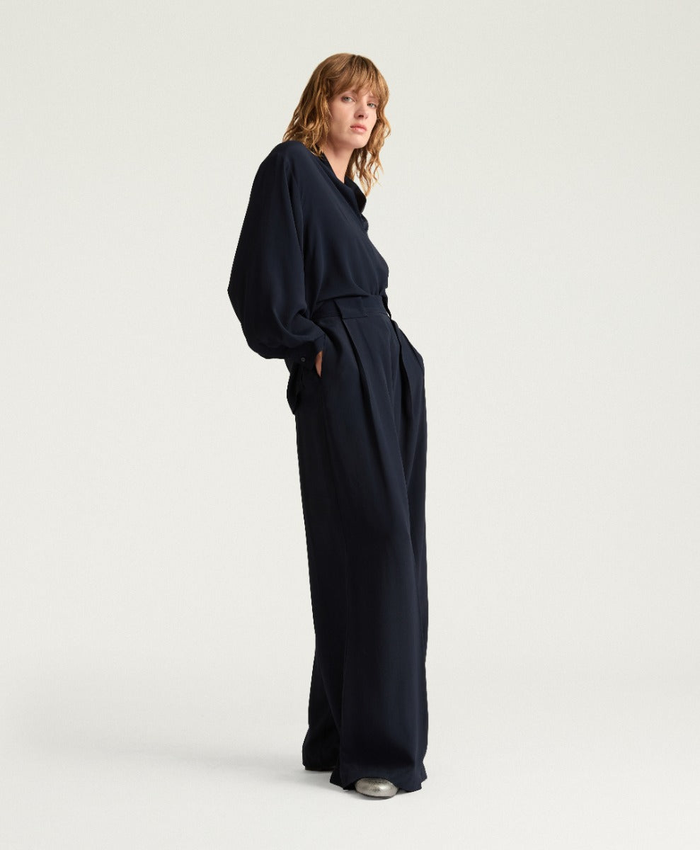 PANTALON ASPEN EN ACÉTATE/SOIE UNIE - BLEU MOMONI