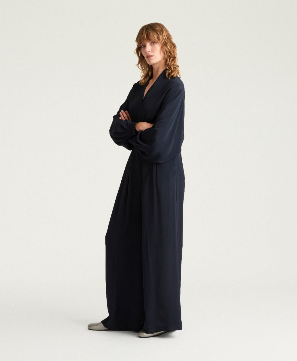 PANTALON ASPEN EN ACÉTATE/SOIE UNIE - BLEU MOMONI