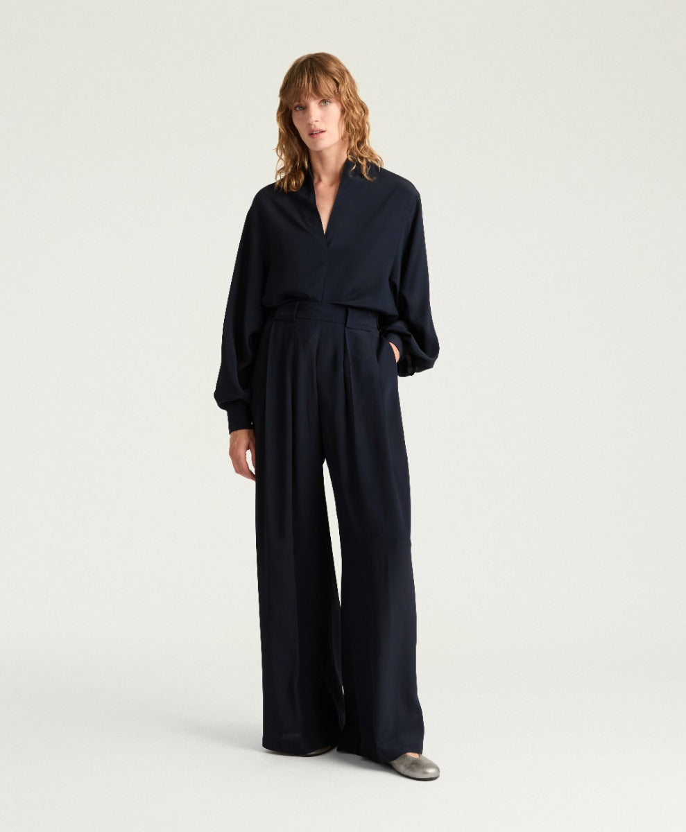 PANTALON ASPEN EN ACÉTATE/SOIE UNIE - BLEU MOMONI