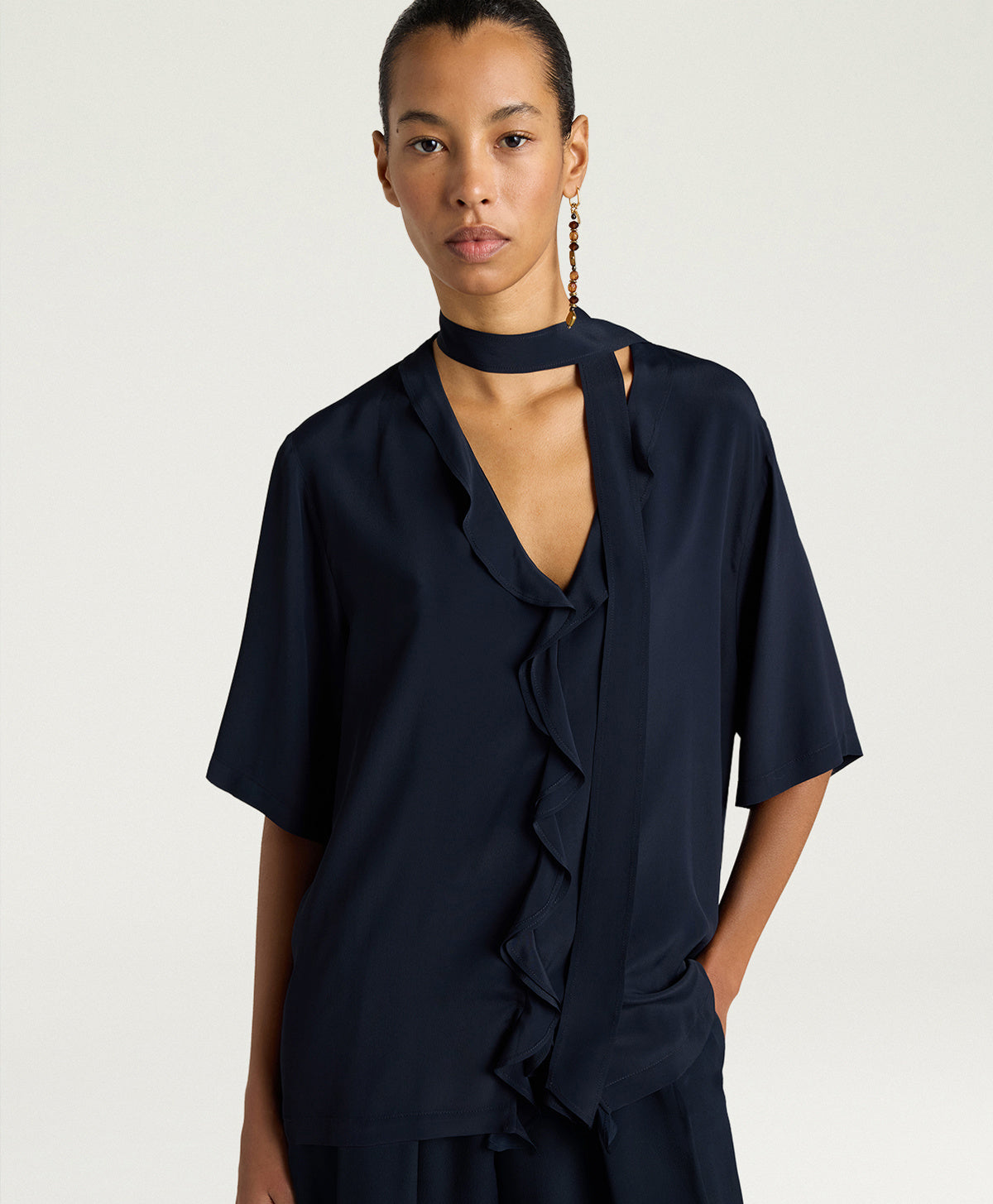 BLOUSE SALVIA EN ACÉTATE DE SOIE UNI - BLEU MOMONI