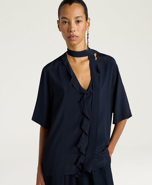 BLOUSE SALVIA EN ACÉTATE DE SOIE UNI - BLEU MOMONI