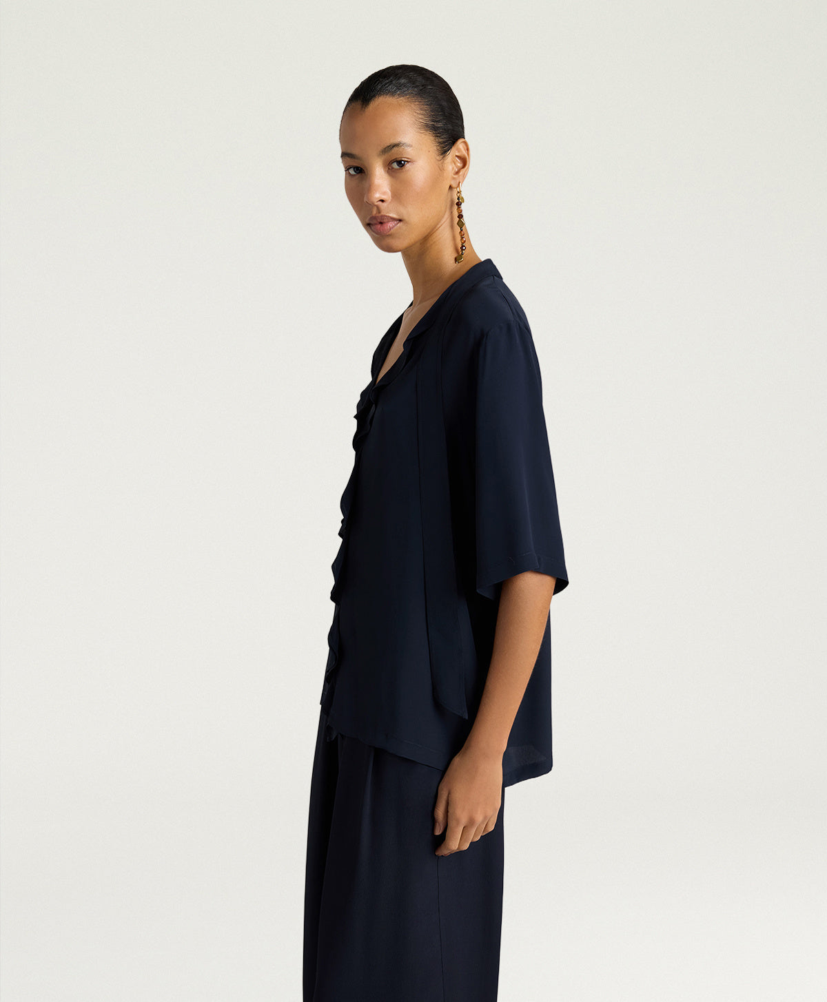 BLOUSE SALVIA EN ACÉTATE DE SOIE UNI - BLEU MOMONI