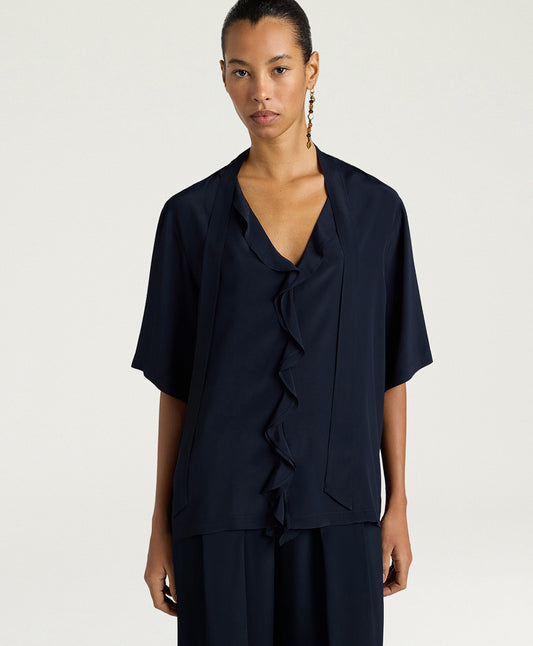 BLOUSE SALVIA EN ACÉTATE DE SOIE UNI - BLEU MOMONI