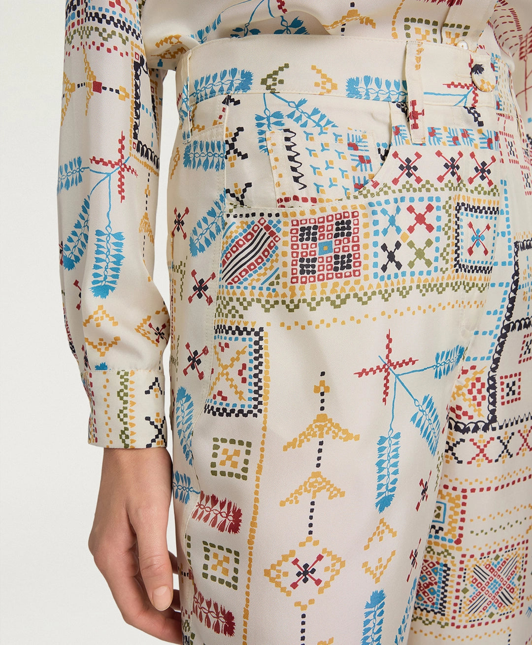 PANTALON ORTIZ EN SERGÉ DE SOIE IMPRIMÉ - MULTICOLORE CRÈME MOMONI