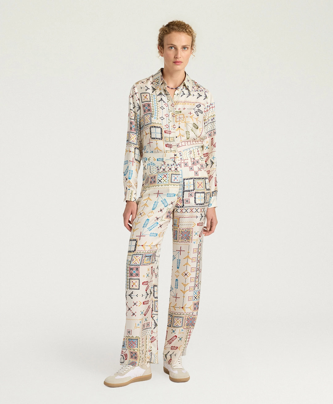 PANTALON ORTIZ EN SERGÉ DE SOIE IMPRIMÉ - MULTICOLORE CRÈME MOMONI
