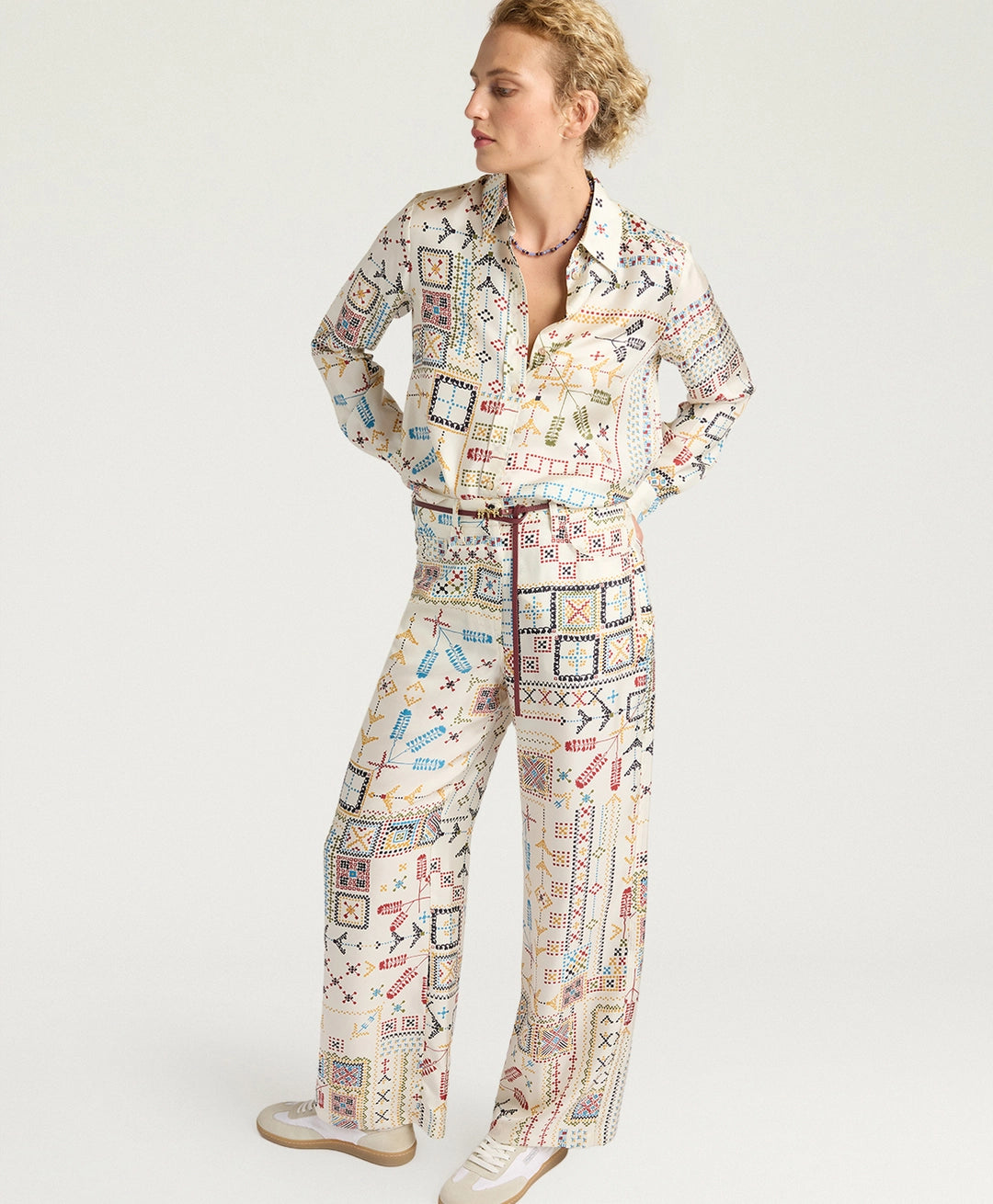 PANTALON ORTIZ EN SERGÉ DE SOIE IMPRIMÉ - MULTICOLORE CRÈME MOMONI