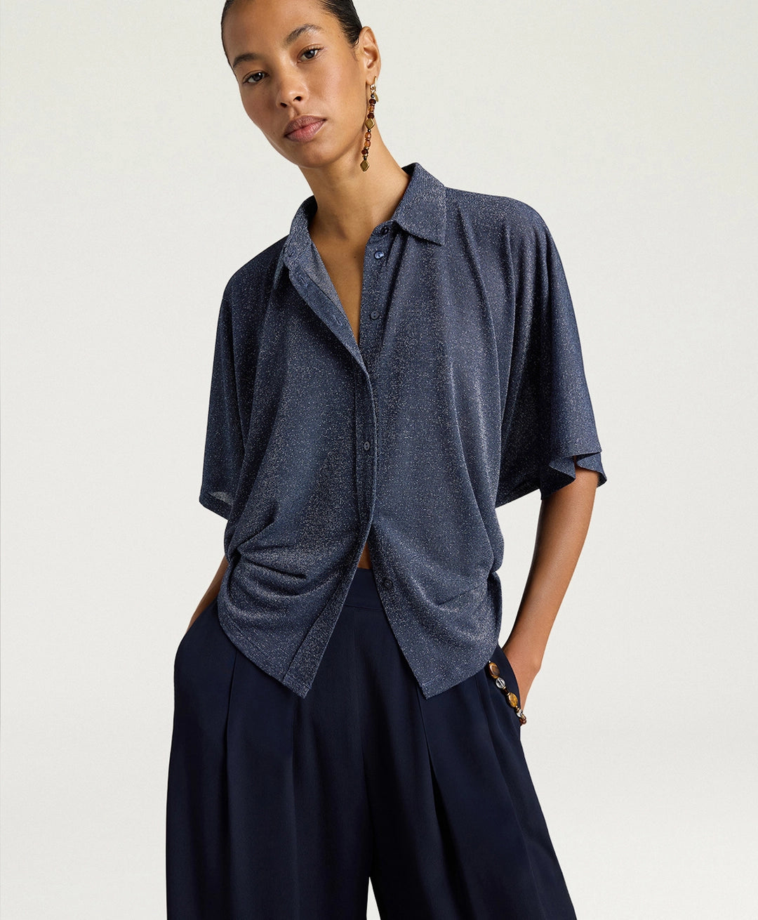 CHEMISIER BROOKLYN EN JERSEY LUREX UNI - BLEU