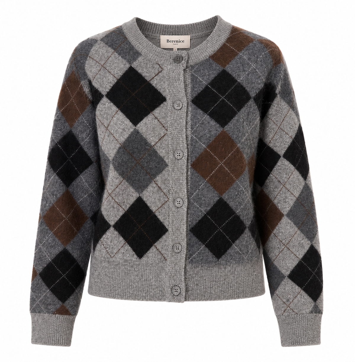 Gilet MERIDA Berenice gris à losanges de face sur fond blanc