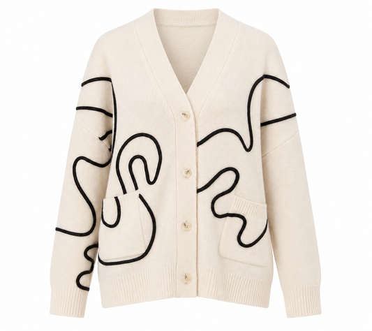 Gilet femme MIBON Bérénice en laine écrue motif graphique chocolat face