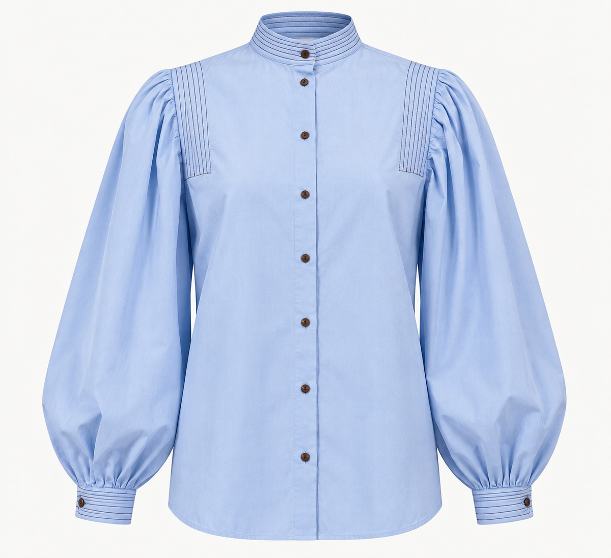 Chemise CAMOA Diega bleu ciel femme col officier et manches volumineuses vue de face