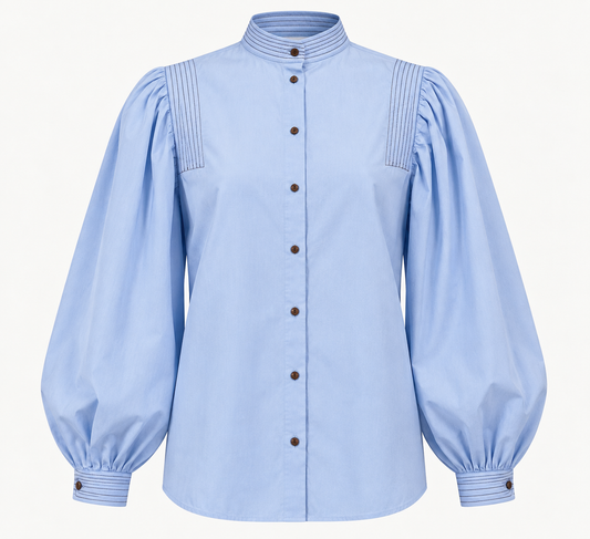 Chemise CAMOA Diega bleu ciel femme col officier et manches volumineuses vue de face