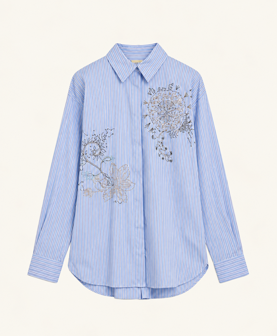 Chemisier Jokla Momonì blanc et bleu clair rayé avec broderies – face