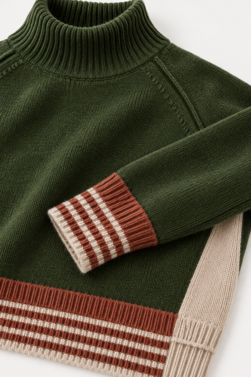Détail pull PALIAMO DIEGA kaki finitions rayées camel et écrues