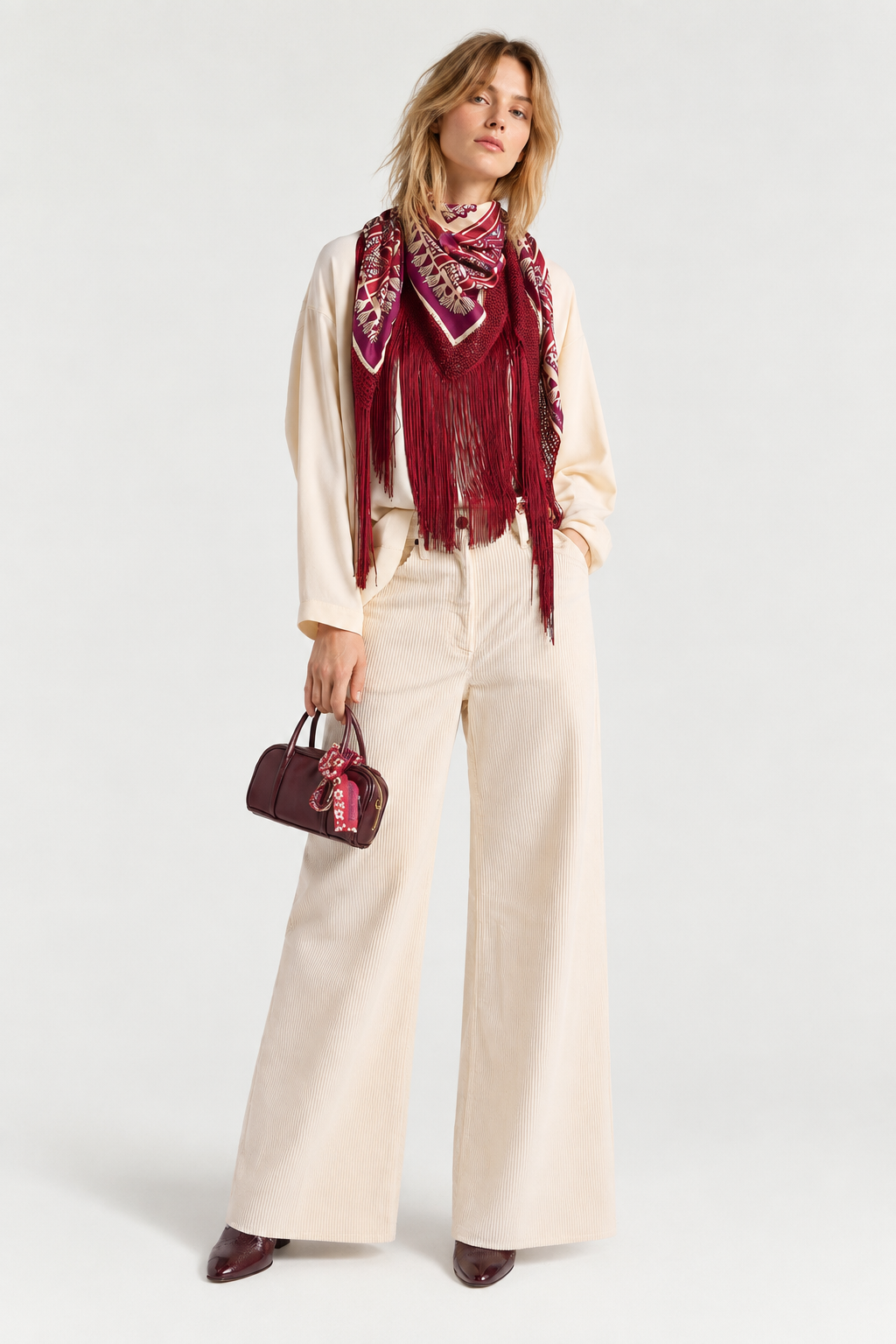 Pantalon femme Aoki Bis Momonì en velours côtelé crème porté de face