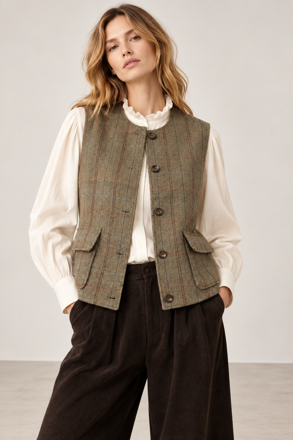 Gilet GALAMO Diega porté par une femme avec chemise blanche