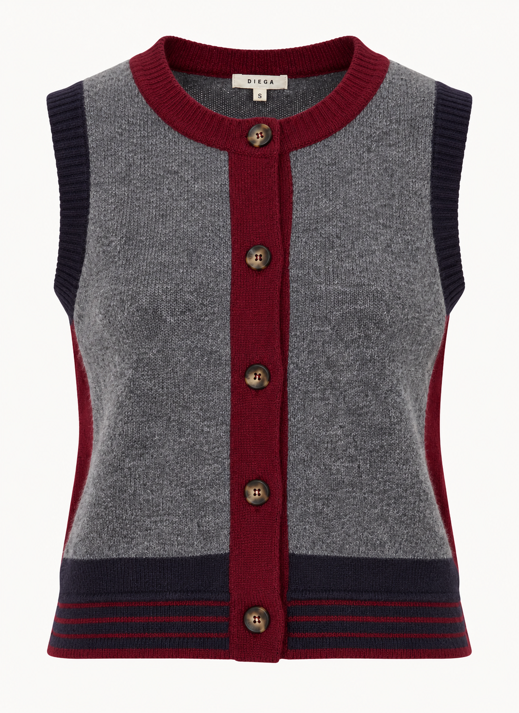 Gilet GIAMO Diega femme en laine mérinos gris bordeaux et marine vue de face
