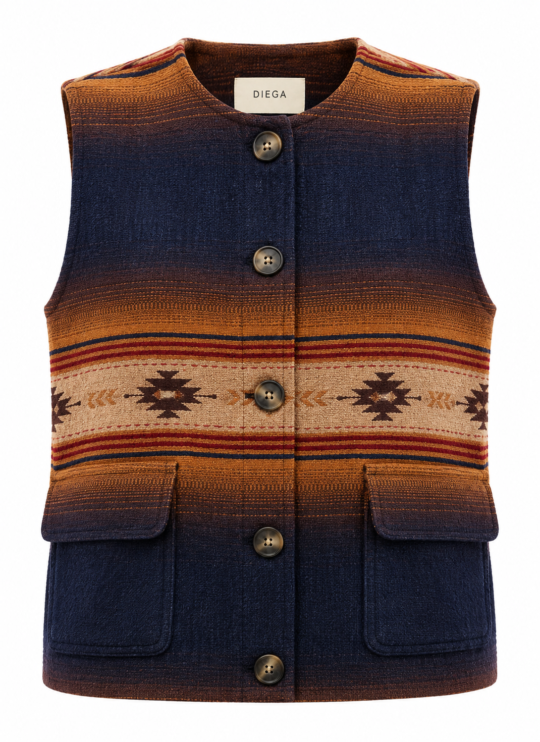 Gilet femme Galamo Diega imprimé marine camel et beige vue de face
