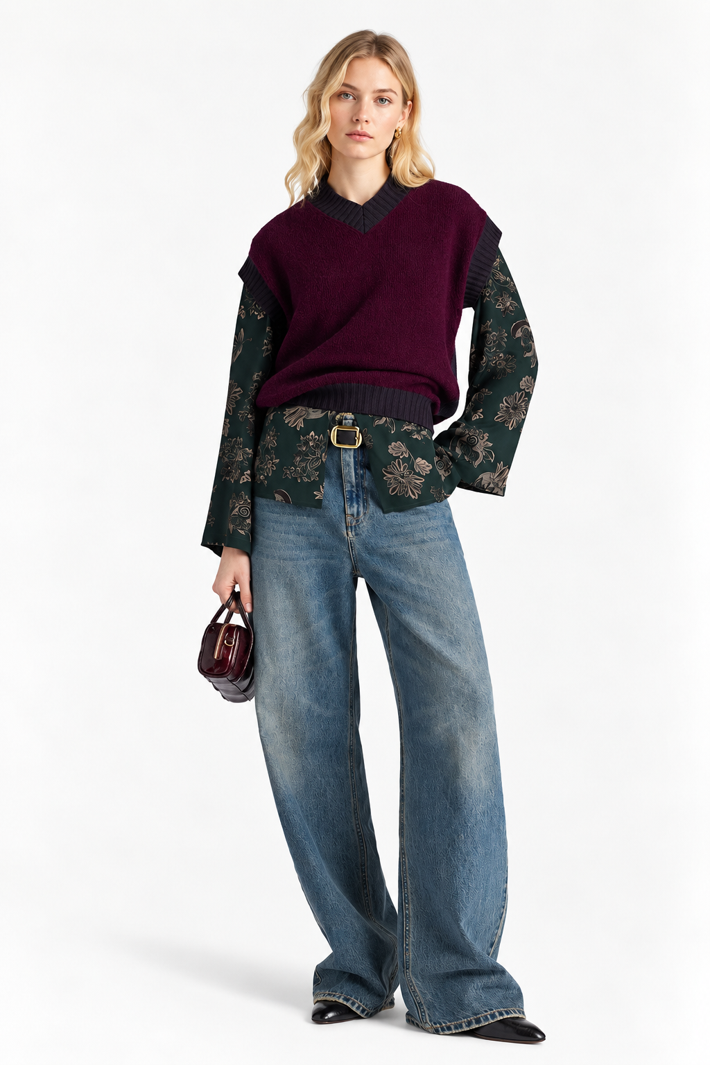 Pull Runa Momonì Wine Red porté femme avec jean large