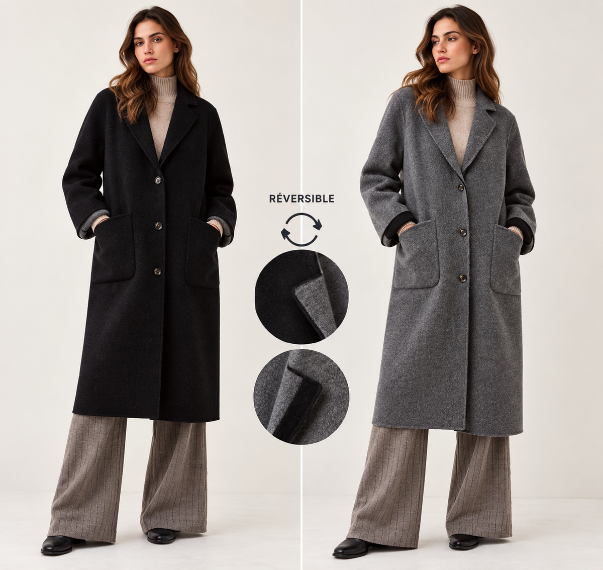 Manteau réversible MAIKO Diega – détail des deux faces marine et gris chiné