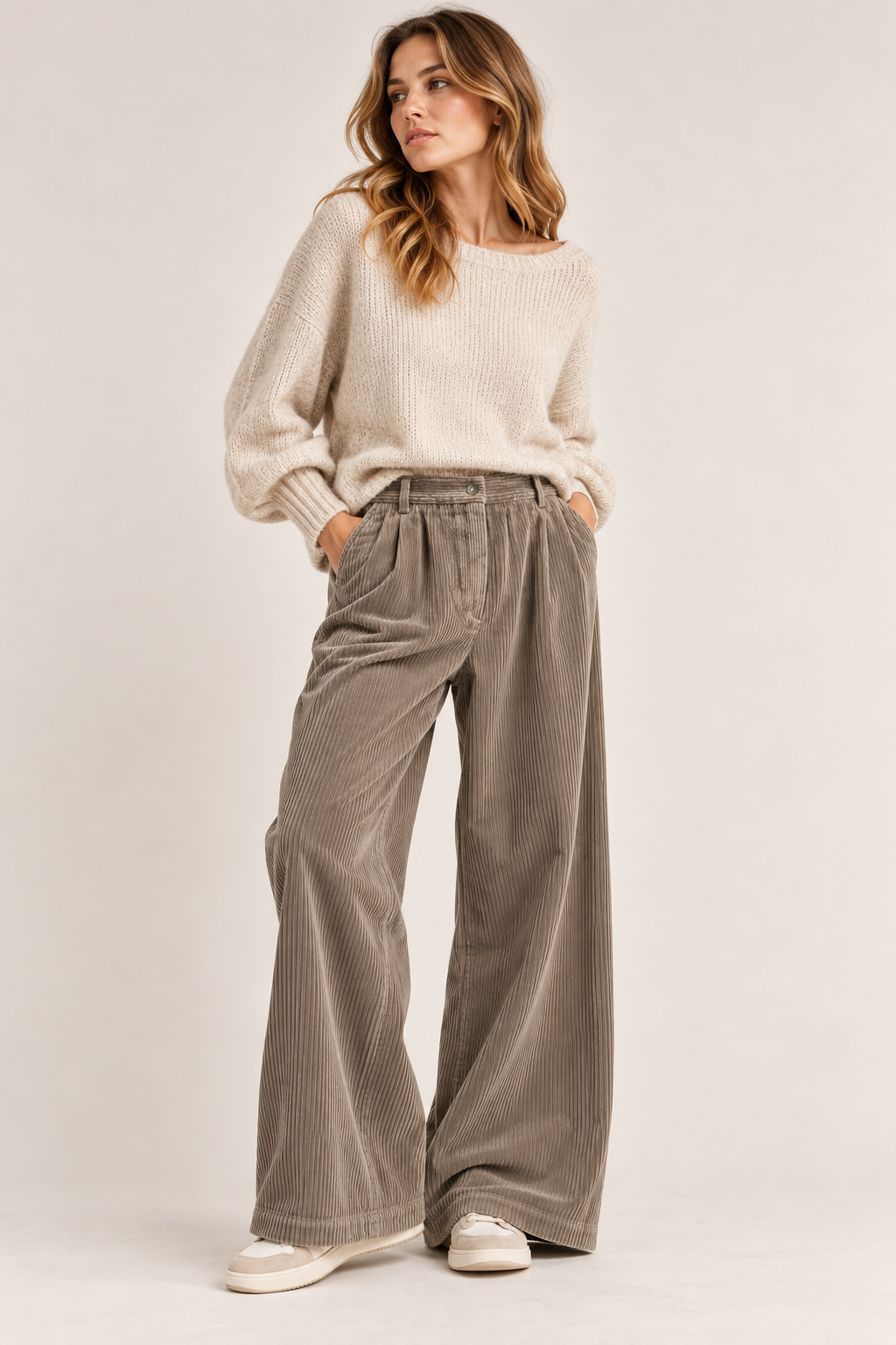 Pantalon PIEDRO Diega en velours côtelé taupe coupe large porté femme – Les Pétroleuses Quiberon