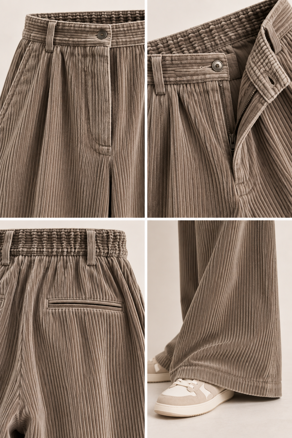 Pantalon PIEDRO Diega en velours côtelé taupe – détails taille, poches et matière