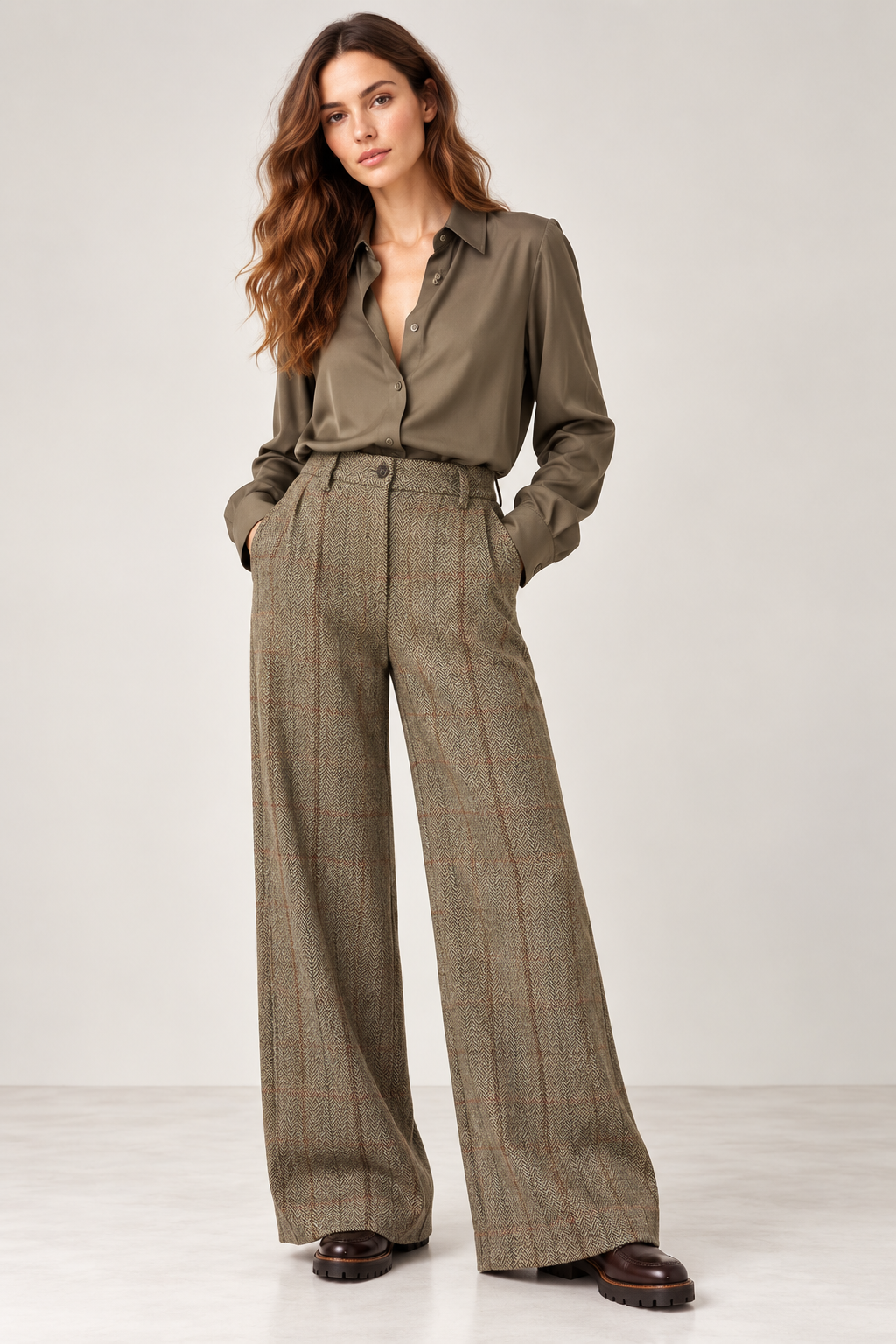 Pantalon femme POMEOTO Diega taille haute coupe large porté de face