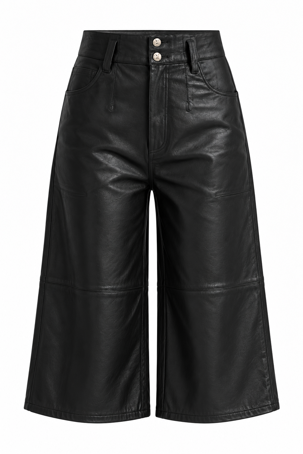 Pantacourt PULIA Berenice en simili cuir noir, taille haute, sur fond blanc