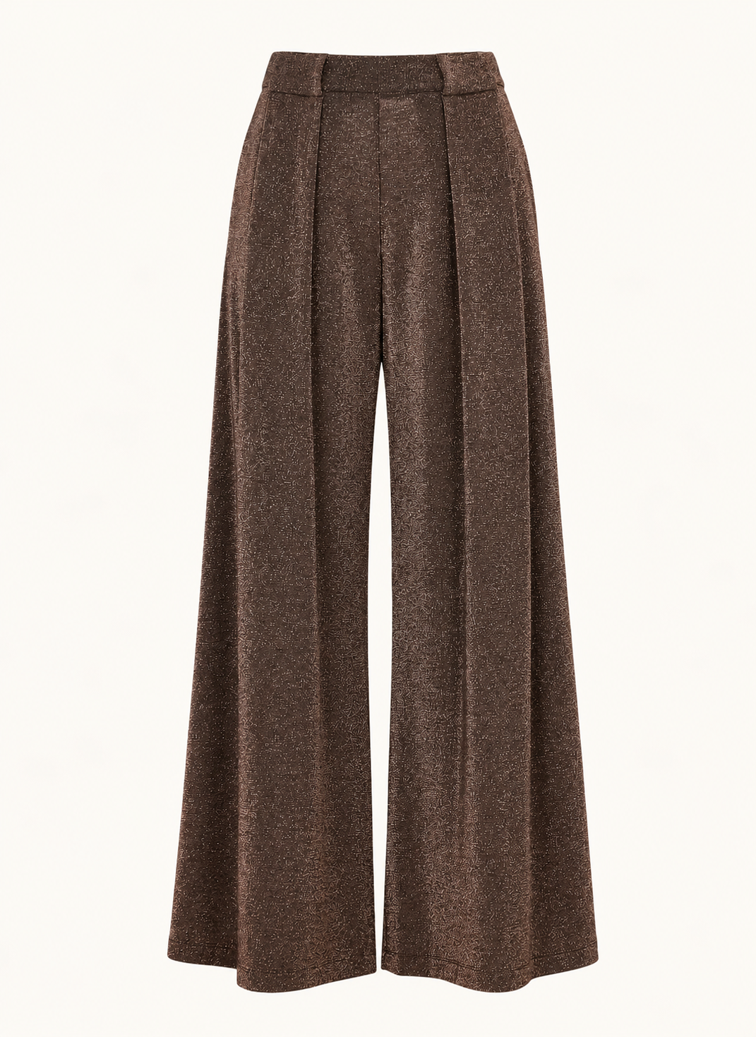 Pantalon palazzo femme Momonì lurex cuivre taille haute de face
