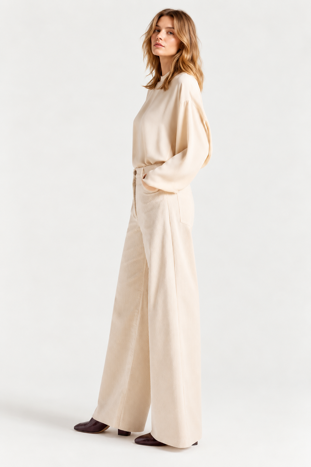 Pantalon Aoki Bis Momonì crème porté de côté coupe large en velours côtelé