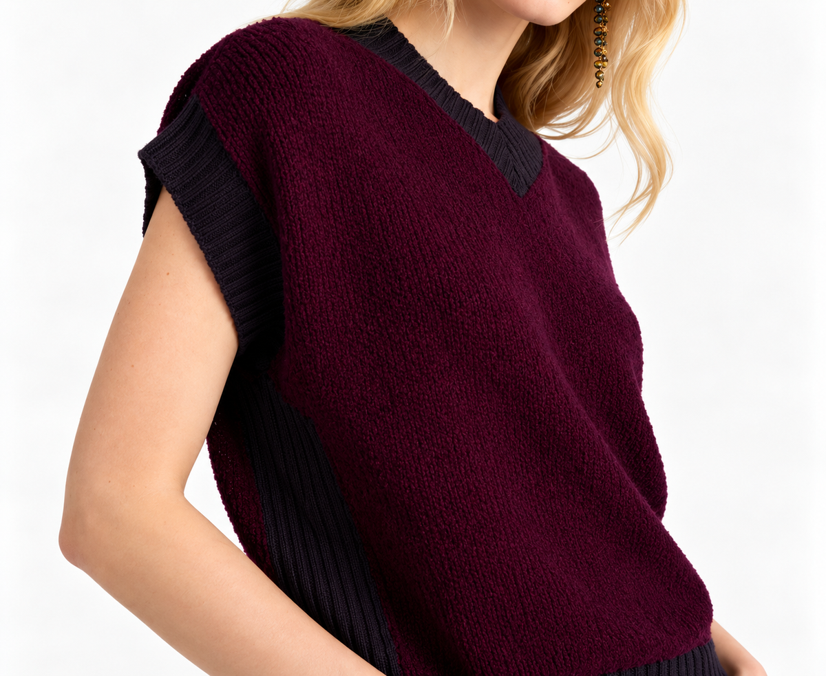 Détail maille bouclée et col V du pull Runa Momonì Wine Red