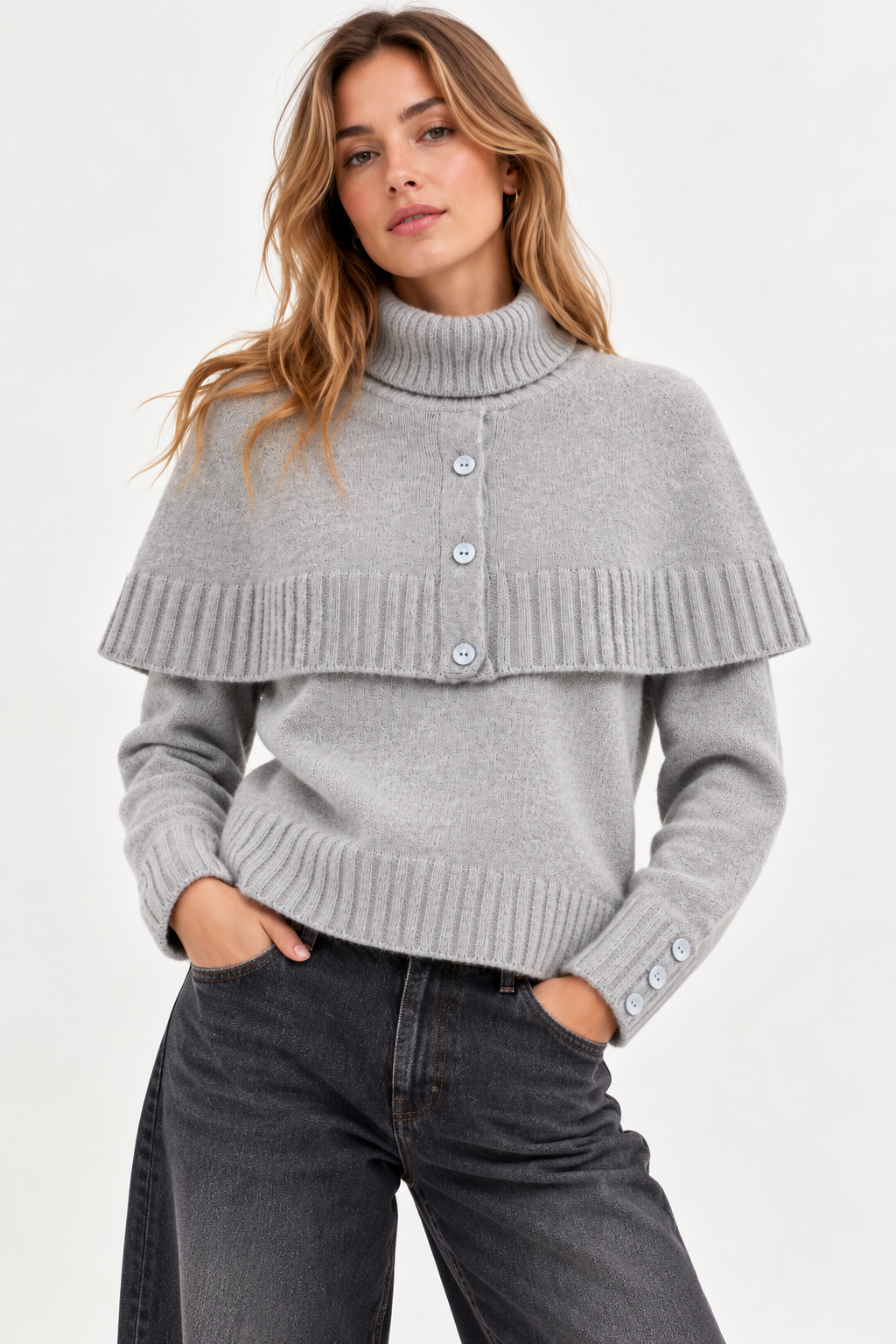 MILLIE – Pull femme gris perle 100 % laine à col roulé et cape