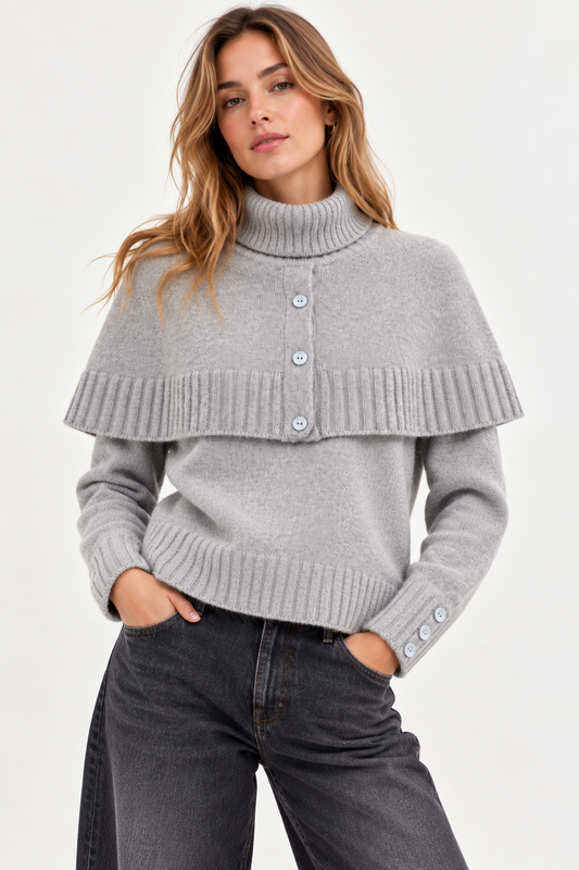 MILLIE – Pull femme gris perle 100 % laine à col roulé et cape