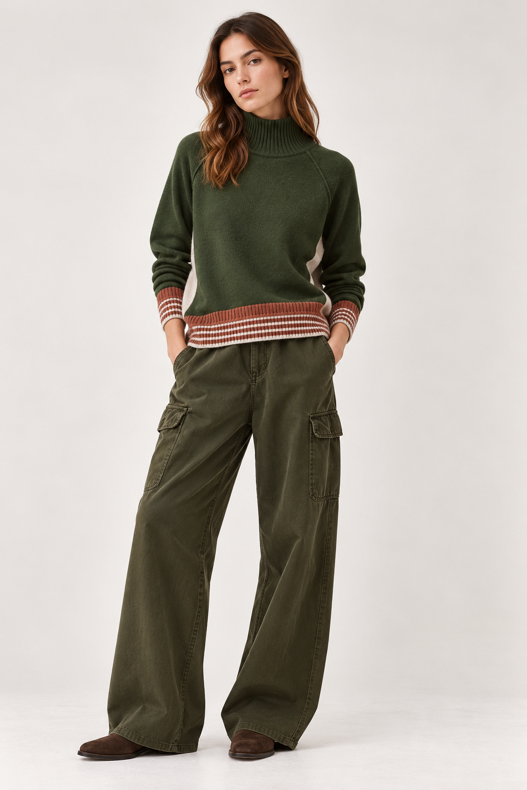 Pull PALIAMO DIEGA kaki porté femme avec détails camel et écru