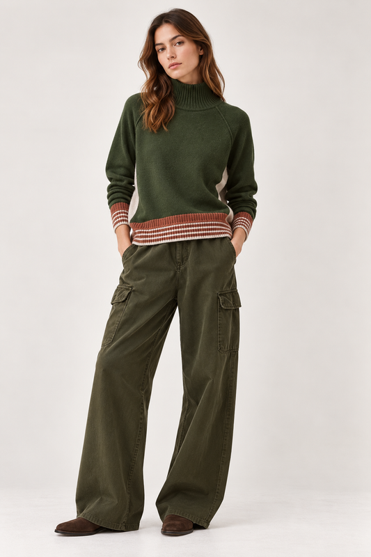 Pull PALIAMO DIEGA kaki porté femme avec détails camel et écru
