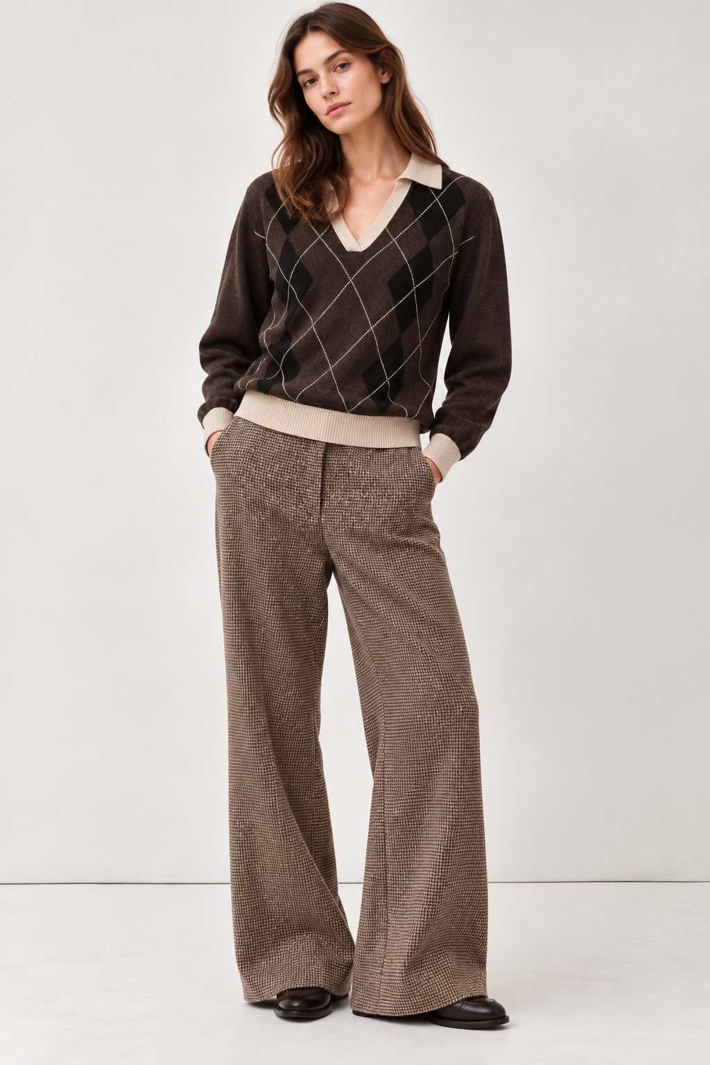 Pull PASREO Diega brun et écru porté avec pantalon large femme