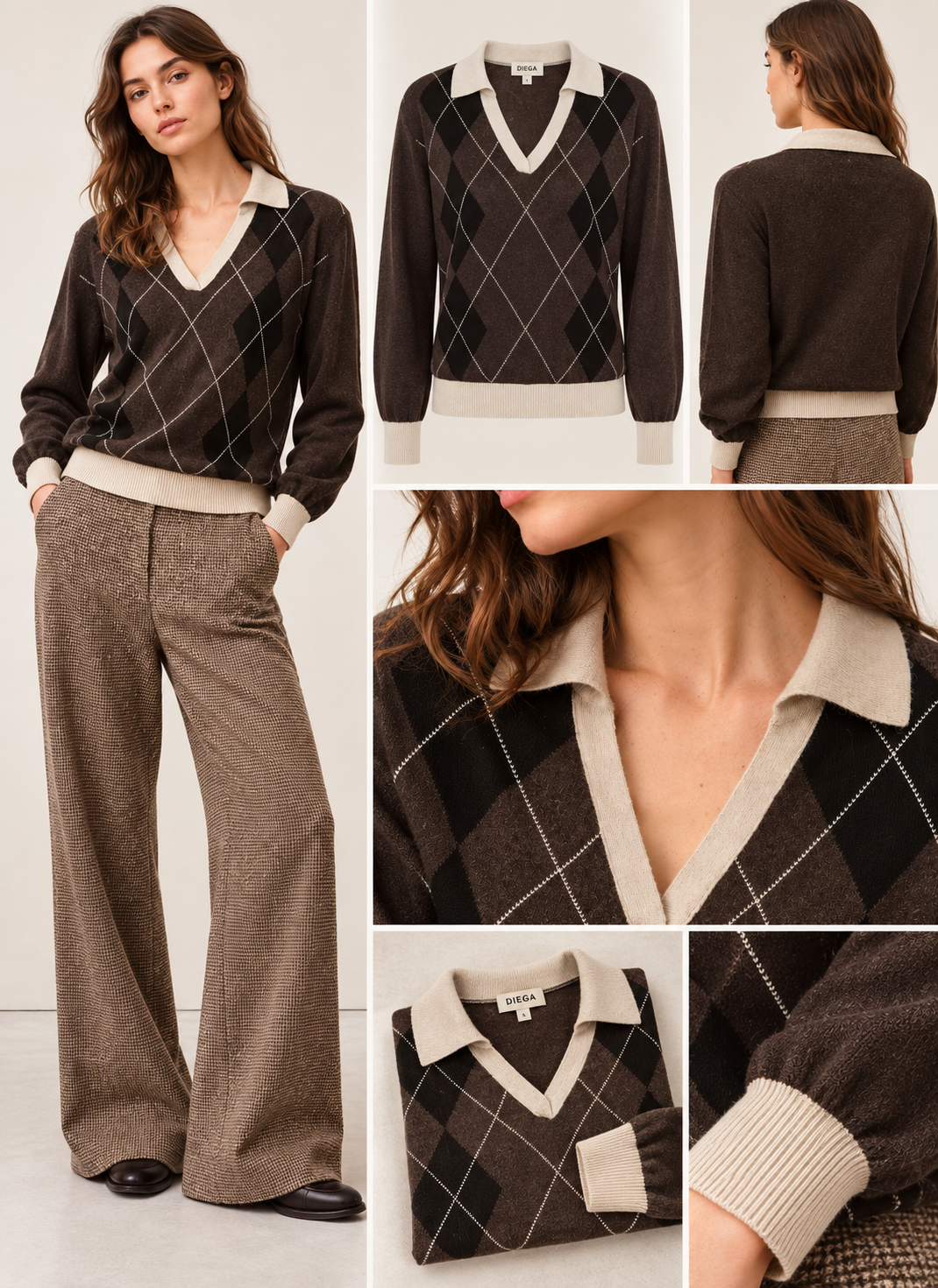 Pull PASREO Diega brun et écru – vues produit, porté et détails
