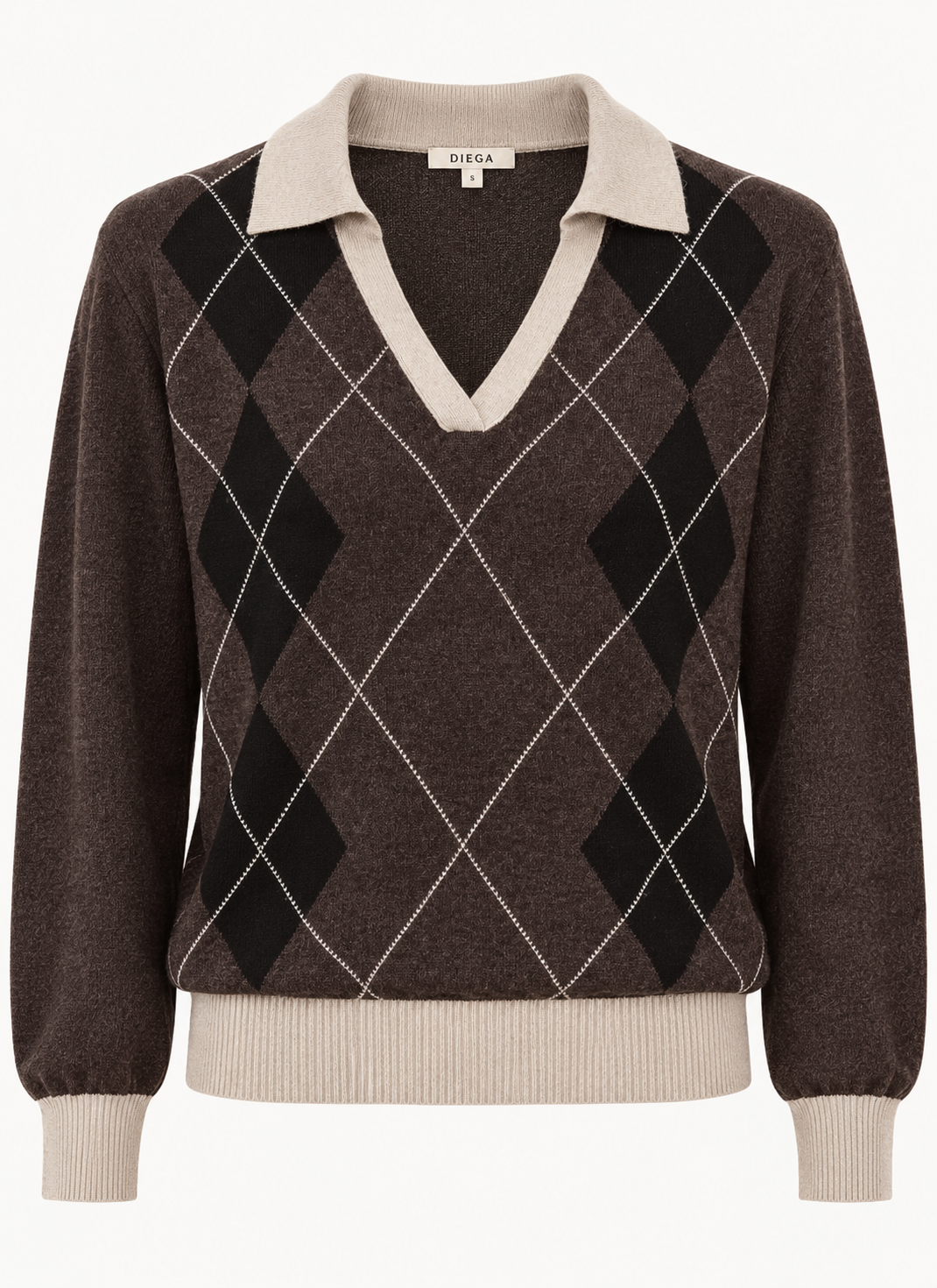 Pull PASREO Diega femme brun à losanges et col polo écru – vue de face