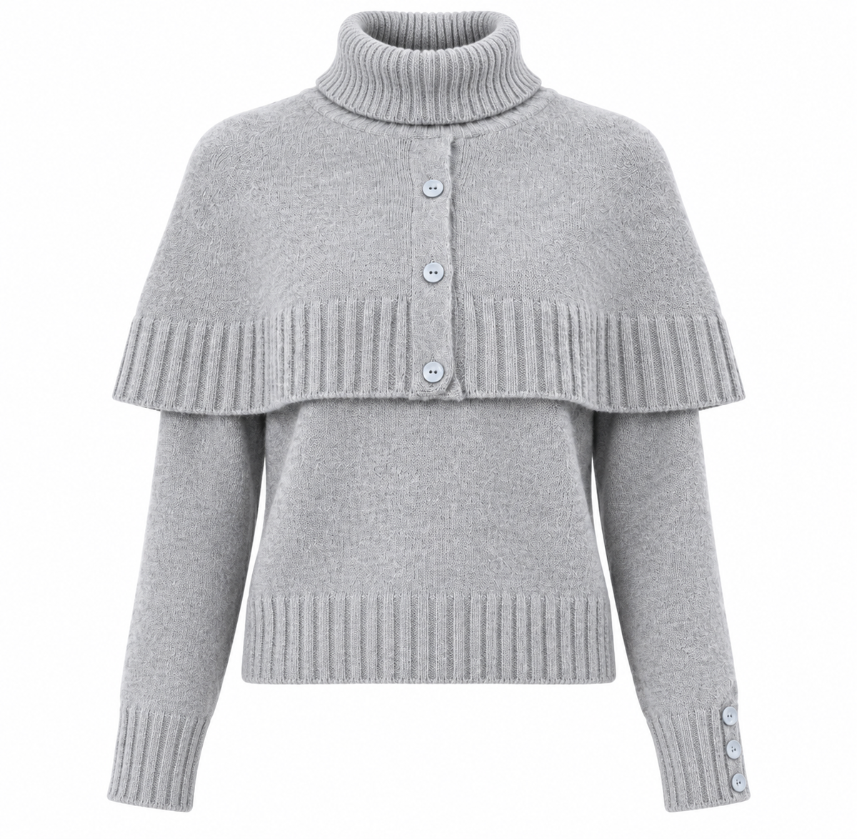 Pull MILLIE gris perle en 100 % laine avec col roulé et cape courte boutonnée, vue de face sur fond blanc
 Copier