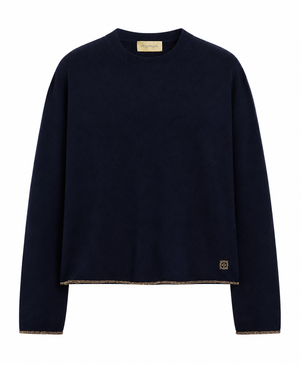 Pull Karasu Momonì bleu en laine avec finitions lurex doré – vue de face