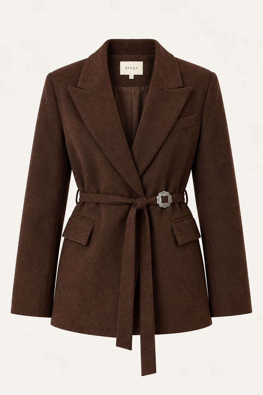 Veste VIGIO Diega marron chocolat ceinturée vue de face