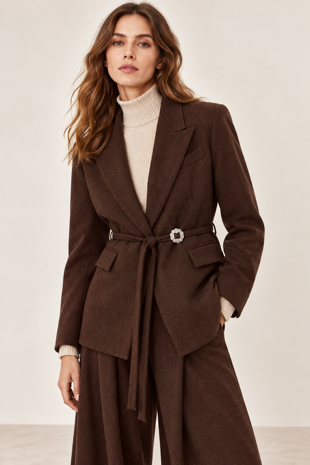 Veste tailleur VIGIO Diega marron chocolat portée femme