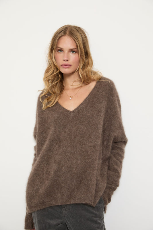 Pull Mister col V en laine Bella Jones café